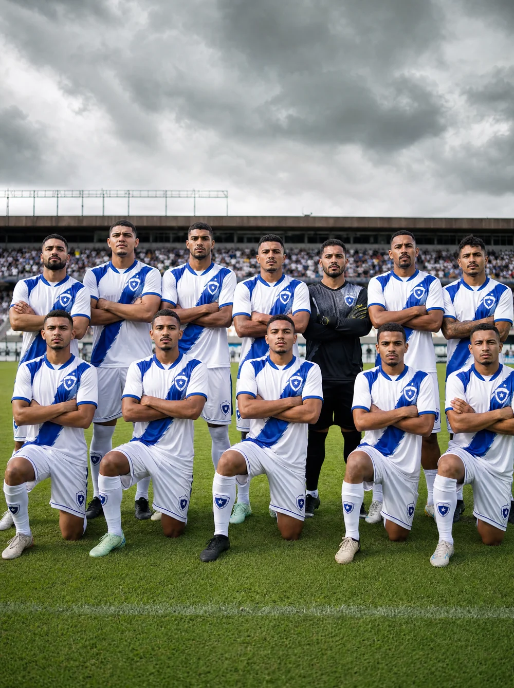 Time de futebol de campo em pose heroica no gramado do estádio com uniforme personalizado