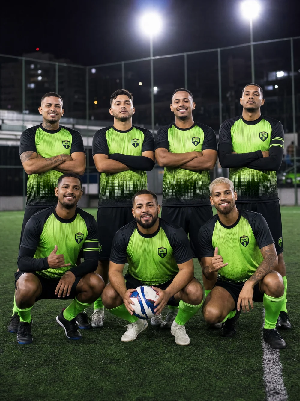 Time de society e fut7 em campo sintético à noite com uniforme personalizado verde e preto
