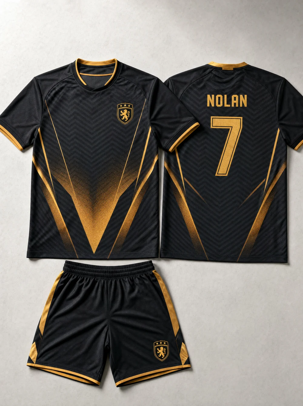 Kit completo de futebol com camisa e calção personalizados com nome e número em still de produto