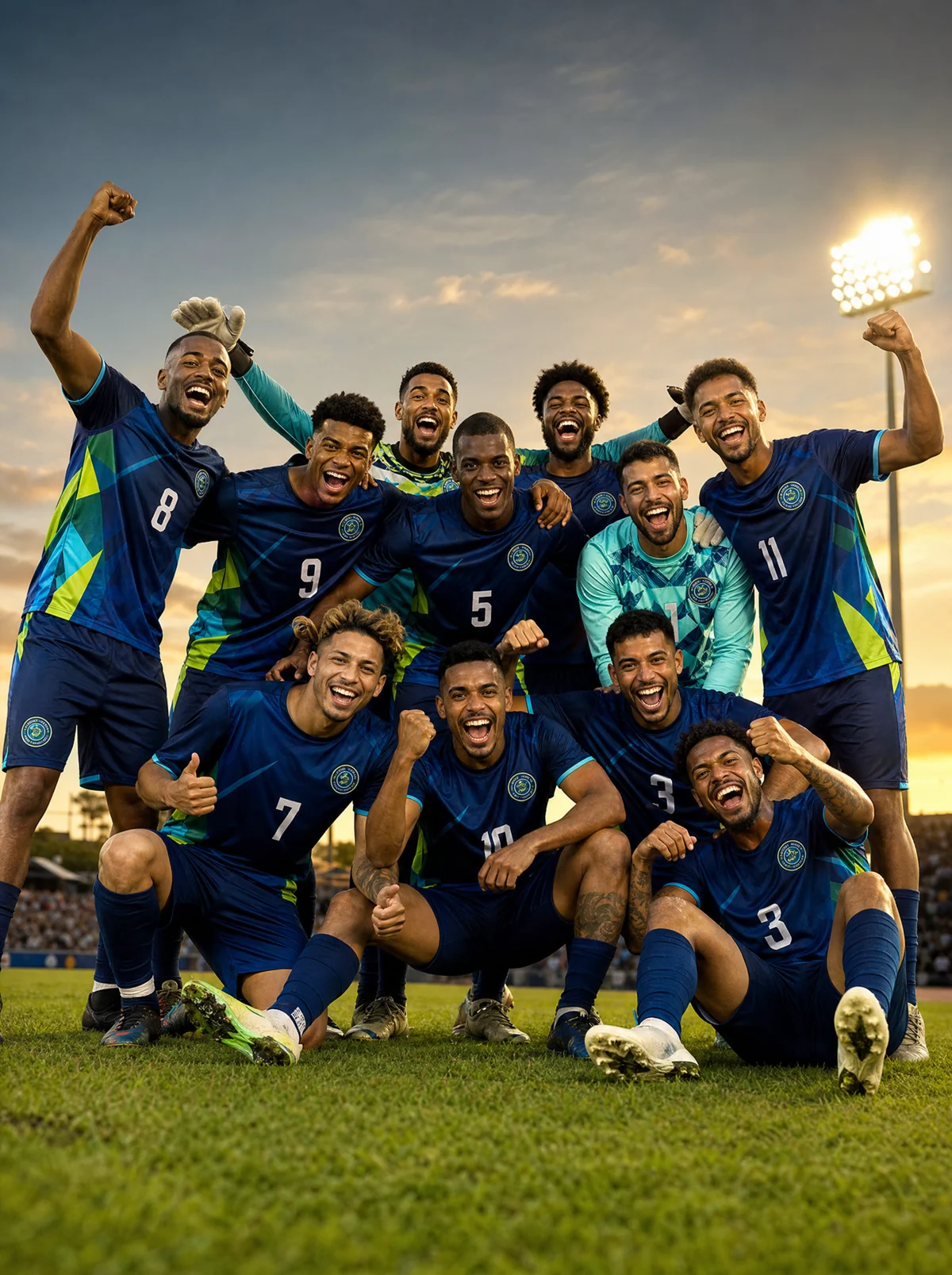 Time completo de futebol de campo comemorando no gramado com uniforme personalizado da Eu Faço Camisetas